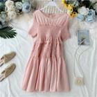 Frill-trim Ruched Short-sleeve Dress