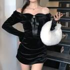 Long-sleeve Off-shoulder Velvet Top / Mini Pencil Skirt