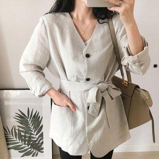 V-neck Linen Blend Jacket With Sash