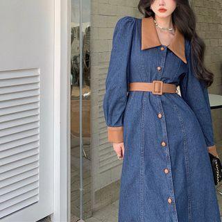 Contrast Collar Denim Midi A-line Dress