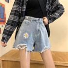 Washed Ripped Floral Embroidered Denim Shorts
