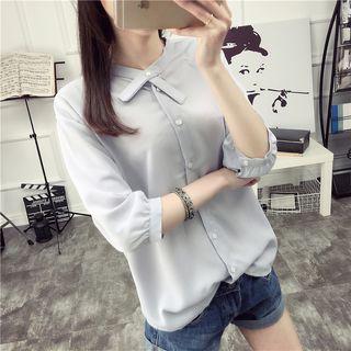 Plain 3/4-sleeve Chiffon Blouse