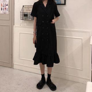 Short-sleeve Double Breasted Coat Dress Black - One Size
