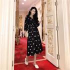 3/4-sleeve Polka Dot A-line Midi Dress