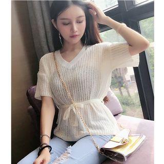 Tie-waist V-neck Short-sleeve Knit Top
