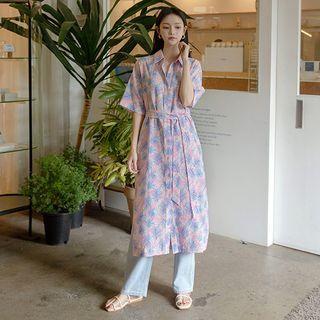 Deep-slit Maxi Foliage Shirtdress