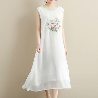 Set: Embroidered Sleeveless Midi Dress + Open-front Long Jacket