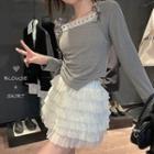 Long-sleeve Lace Trim T-shirt / Mini Tiered Skirt