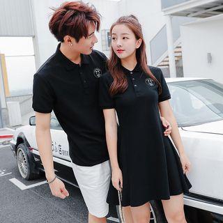 Couple Matching Applique Short-sleeve Polo Shirt Dress / Applique Short-sleeve Polo Shirt