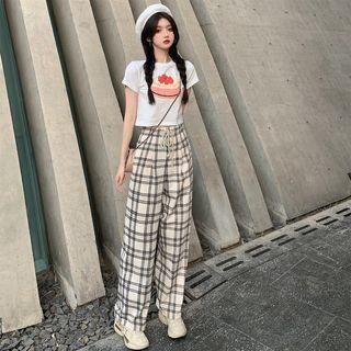 Crewneck Printed Cropped Top / High-waist Plaid Straight Leg Pants