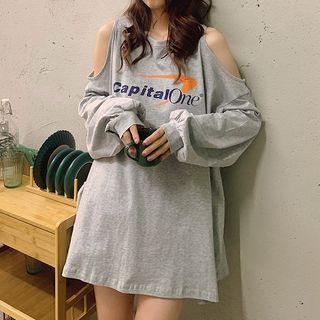 Long-sleeve Cold-shoulder Lettering T-shirt