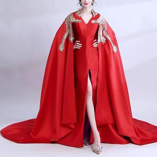 Embroidered Cape Trumpet Evening Gown