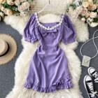 Floral Accent Short-sleeve Ruffle Trim Mini A-line Dress Purple - One Size