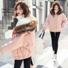 Furry-trim Letter Applique Zip Padded Jacket