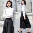Set: Plain Blouse + High Waist Midi A-line Skirt
