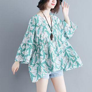 Leaf Print 3/4-sleeve V-neck Blouse
