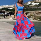 Set: Sleeveless Ruffled Crop Top + Floral Print Midi Skirt