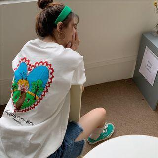 Short Sleeve Heart Print Oversized T-shirt White - One Size