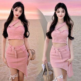 Asymmetrical Cold-shoulder Denim Crop Top / Asymmetrical Denim Pencil Skirt