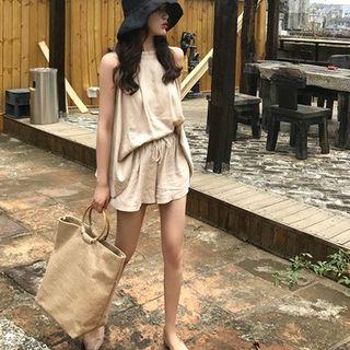 Set: Loose-fit Plain Halter Tank Top + Linen Shorts