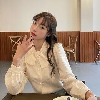 Long-sleeve Bow-neck Blouse Off-white - One Size