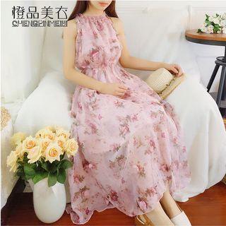 Halter Neck Sleeveless Ruffle Floral Maxi Sundress