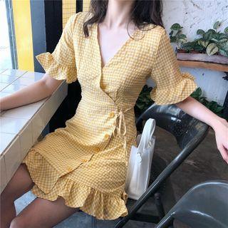 Gingham Ruffle Trim Short-sleeve Mini A-line Dress