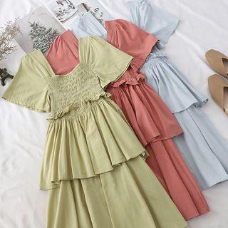 Square-neck Short-sleeve Layered Dress