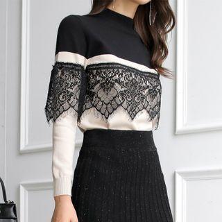 Contrast Color Lace Panel Knit Top