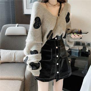 Embroidered Heart Sweater / Faux Leather Buttoned A-line Mini Skirt