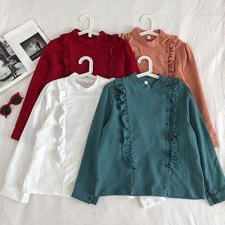 Plain Ruffled-trim Panel Corduroy Long-sleeve Blouse