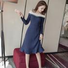 Long-sleeve Color Block Midi A-line Knit Dress