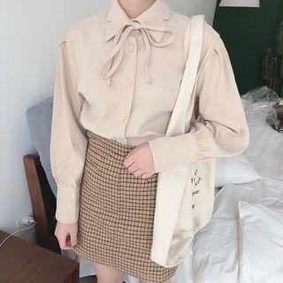 Long-sleeved Straight Plain Bow Blouse