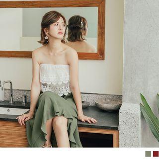 Lace Panel Ruffle Hem Strapless Dress