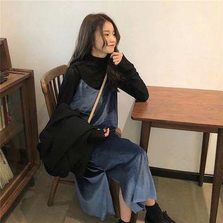Plain Turtle-neck Long-sleeve Top / Velvet Sleeveless Dress