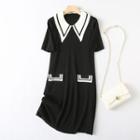 Contrast Collar Knit Midi A-line Dress Black - One Size