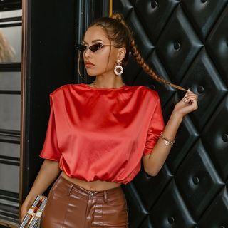 Elbow Sleeve Round Neck Satin Crop Top