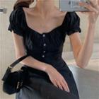Square-neck Short-sleeve Midi A-line Dress Black - One Size