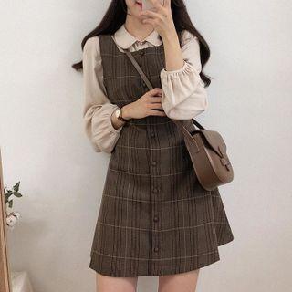 Long-sleeve Plain Shirt / Plaid Mini A-line Overall Dress
