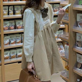 Long-sleeve Blouse / Bow / Lace Trim Mini Overall Dress / Set
