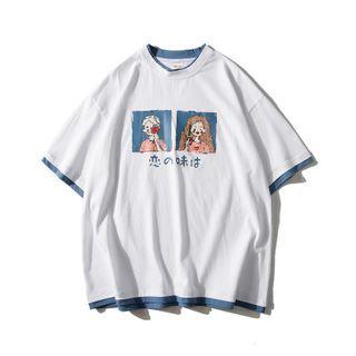 Short-sleeve Mock Two-piece Cartoon Print T-shirt