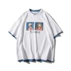 Short-sleeve Mock Two-piece Cartoon Print T-shirt