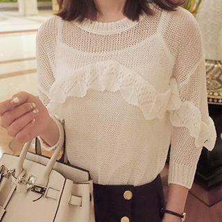Frill Trim 3/4 Sleeve Sheer Sweater