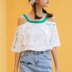Elbow-sleeve Cold Shoulder Embroidered T-shirt