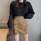Drop-shoulder Knit Sweater / Ruffled-trim Ruched Mini Skirt