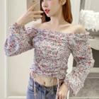 Long-sleeve Off-shoulder Floral Print Top
