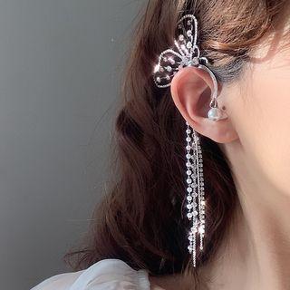Rhinestone Butterfly Fringed Ear Cuff Left Ear - 1 Pc - Silver - One Size