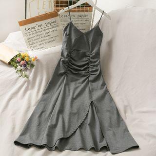 Sleeveless Slit-hem Ruched Midi Dress