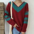 Colour Block V-neck Long-sleeve Knit Sweater