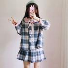 Set: Plaid Double Breasted Coat + Pleated Skirt